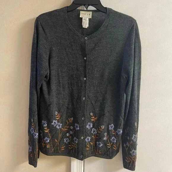 Oscar De La Renta sweater cardigan button front‎ wool blend dark grey Medium - Picture 1 of 7